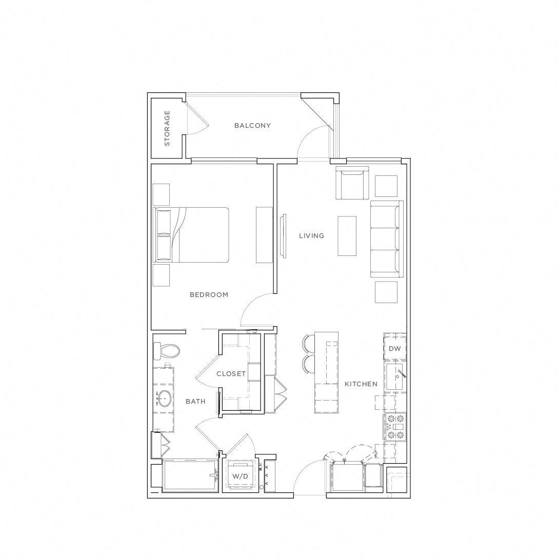 Floor plan for 1 bed, 1 bath, 708 sqft